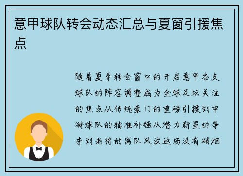意甲球队转会动态汇总与夏窗引援焦点